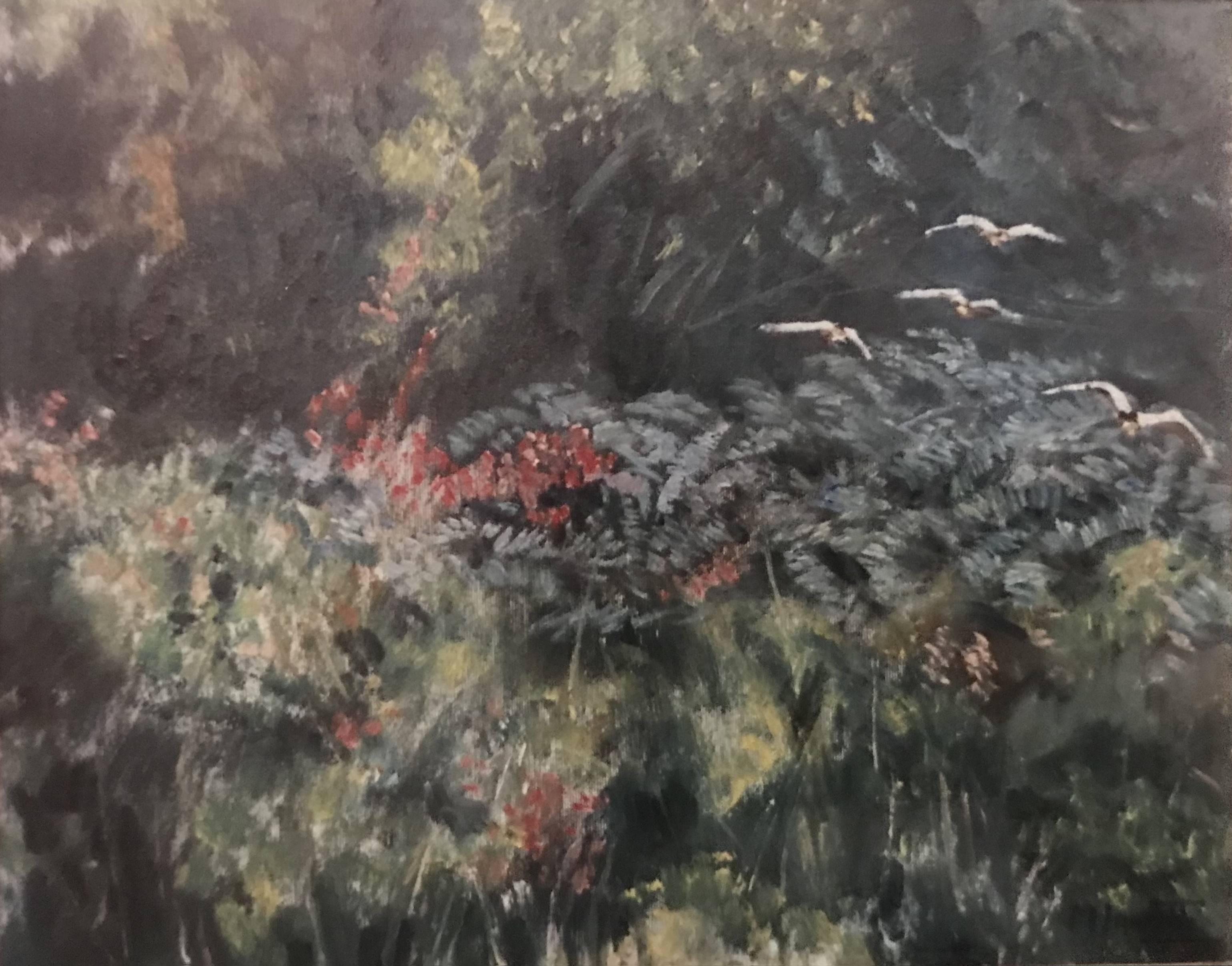 Cespuglio con uccelli in volo