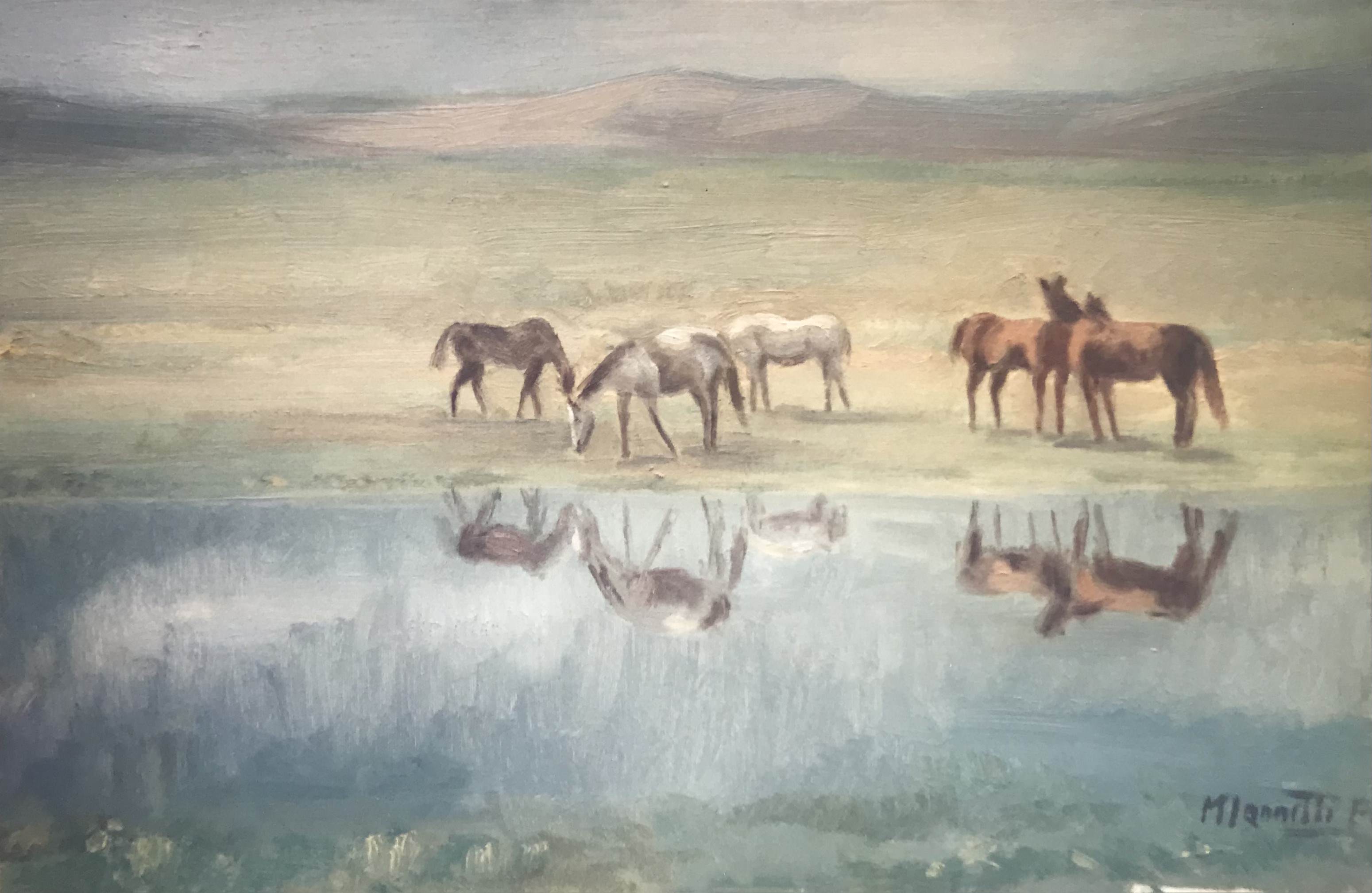 Cavalli che si abbeverano - olio su tela