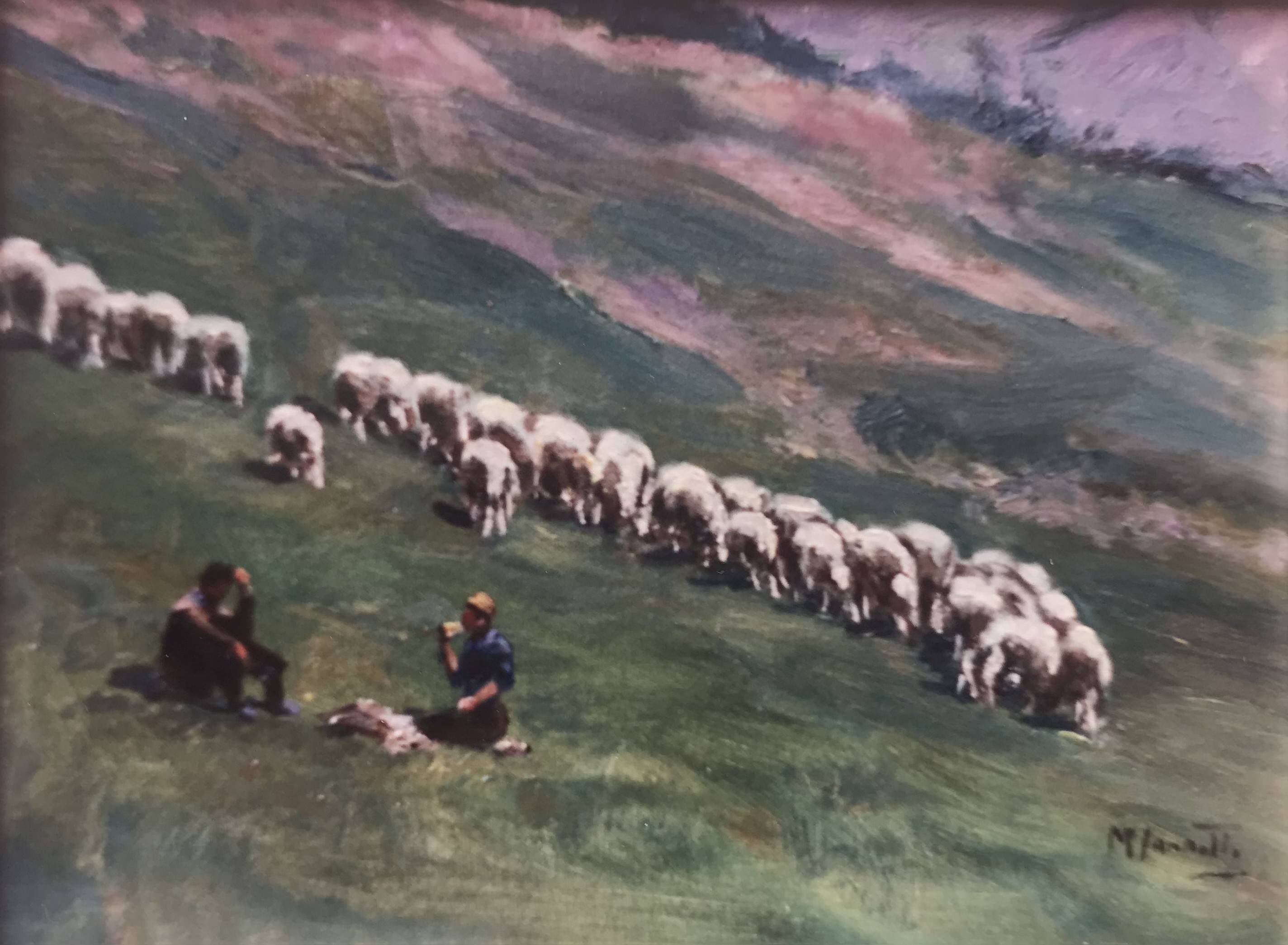 Una sosta con il gregge - olio su tela