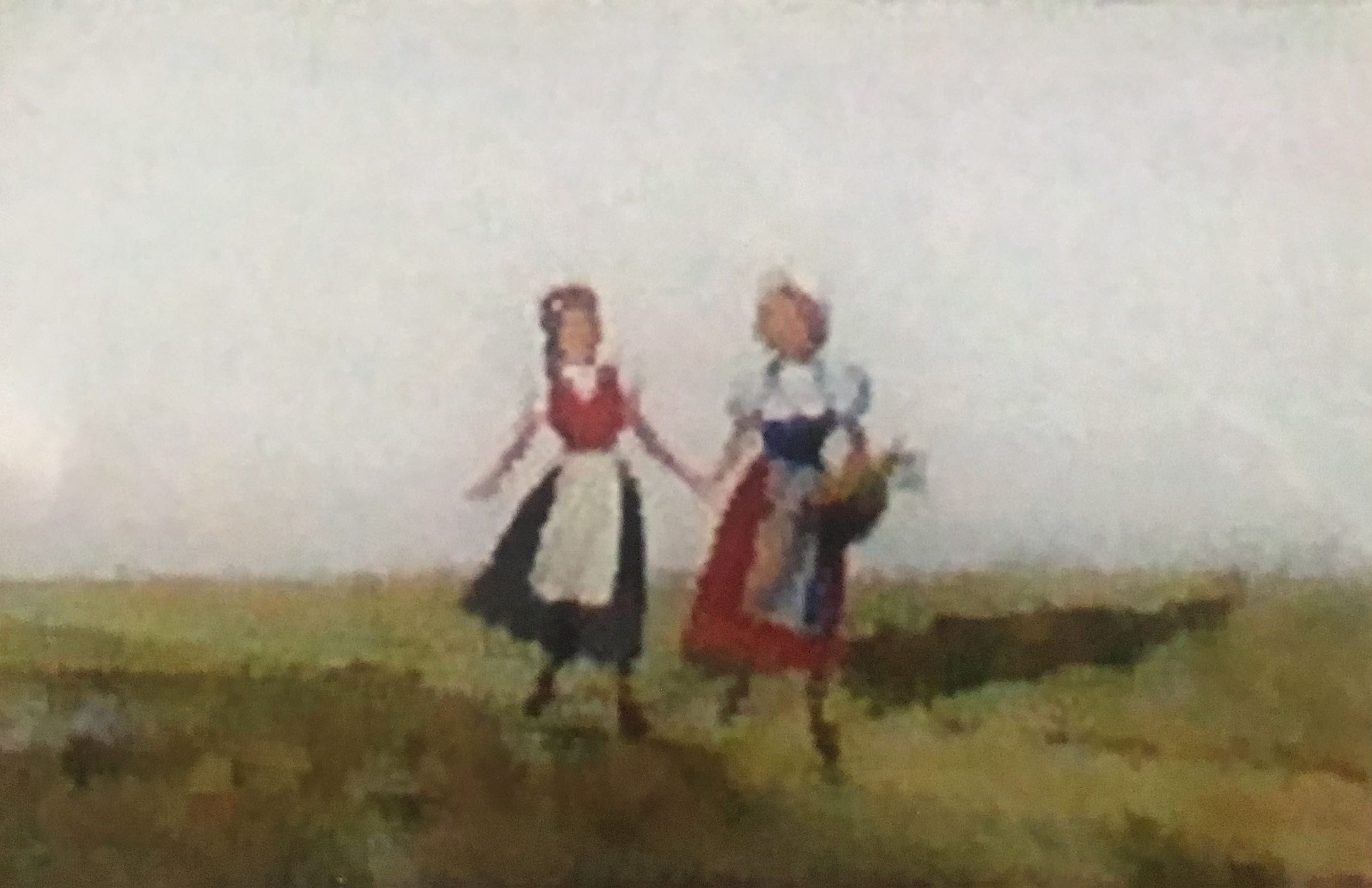 In campagna, cogliendo fiori - olio su tela