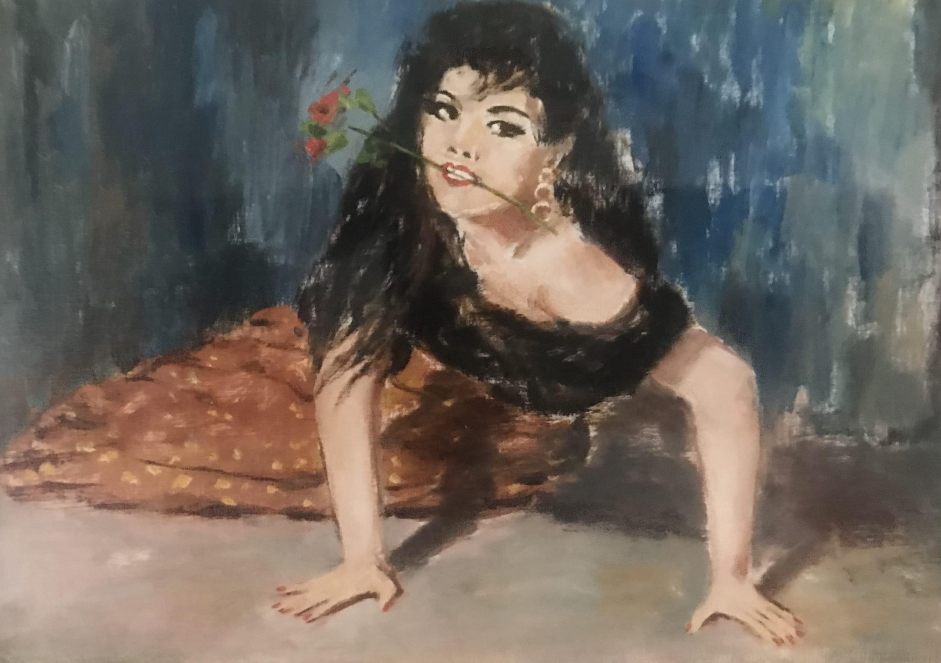 Ragazza con fiore in bocca - olio su tela